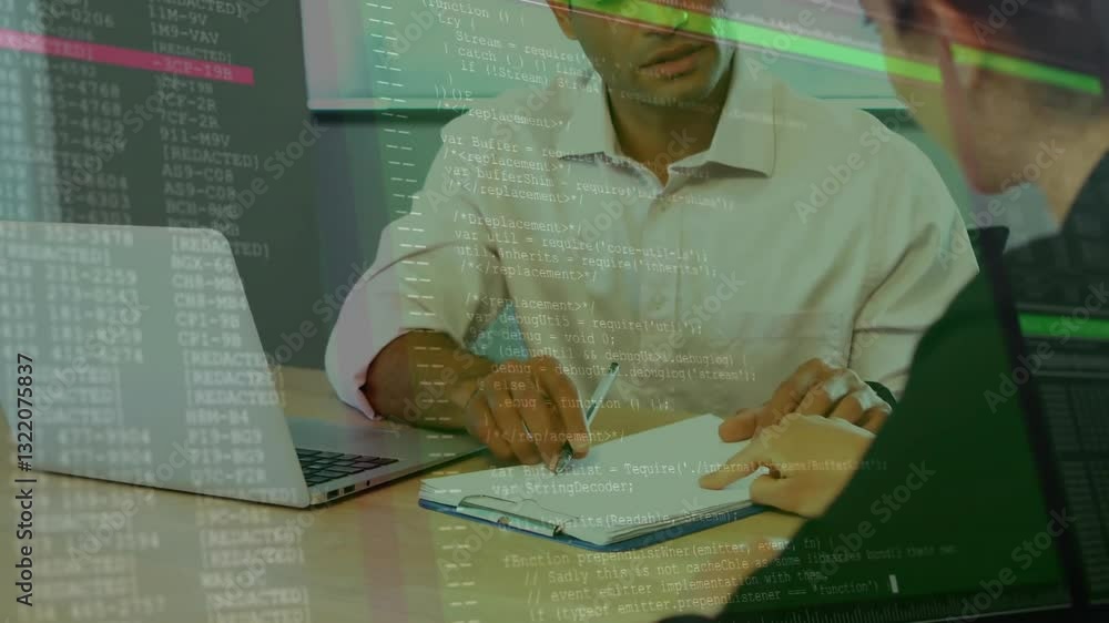 Poster discussing documents, business professionals with computer code animation overlay in office