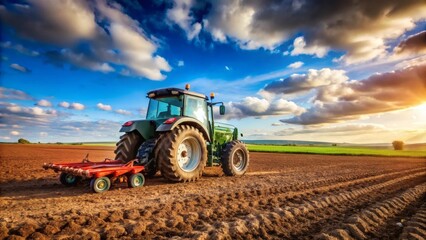 Obraz premium Tractor in Field at Sunset