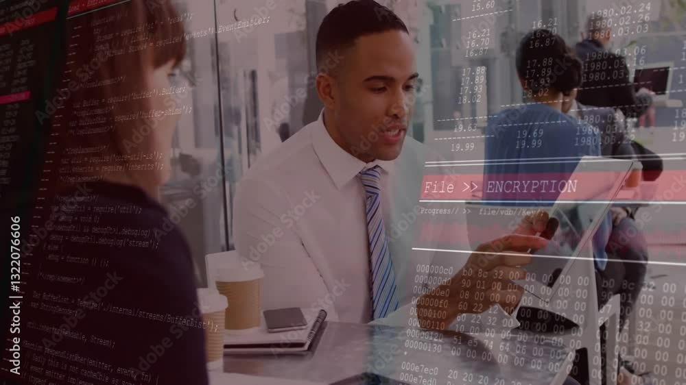 Poster diverse professionals discussing business with encryption data animation overlaying meeting