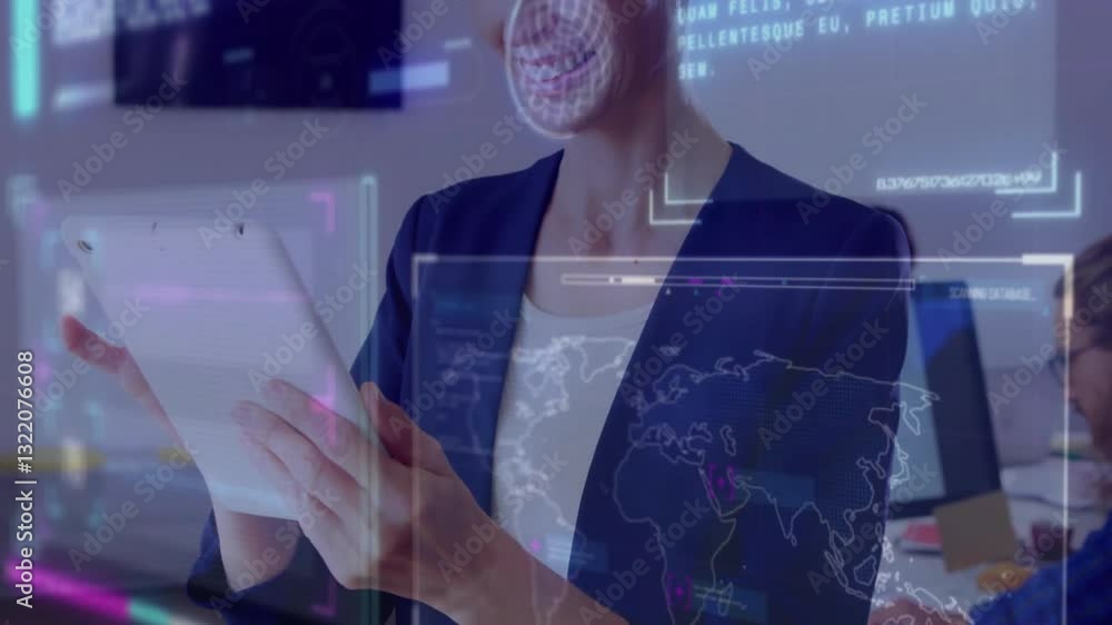 Poster using tablet with digital world map animation, smiling person in school setting