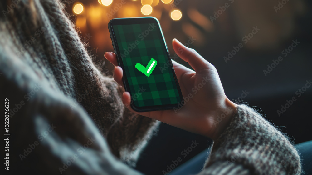 Poster checkmark on smartphone screen. green confirmation notification of success finish app update or purc
