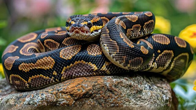 A beautiful ball python curls on a rock as colorful flowers bloom nearby, showcasing its unique patterns and textures in bright light