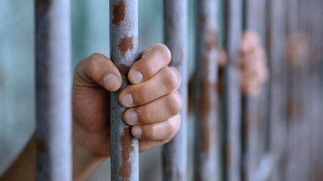 Hands grasping rusty prison bars, conveying a sense of confinement and despair.