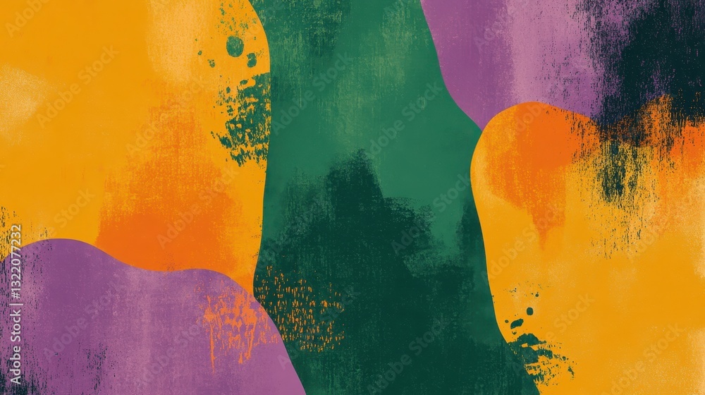 Poster vivid orange and purple blobs overlapping textured green background, forming dynamic abstract compos