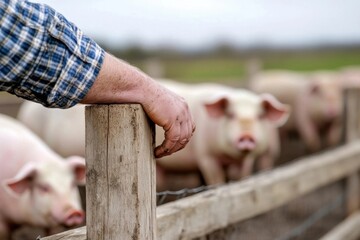 Farmer's muddy hand rests on wooden fence post, pigs in background are looking at camera.