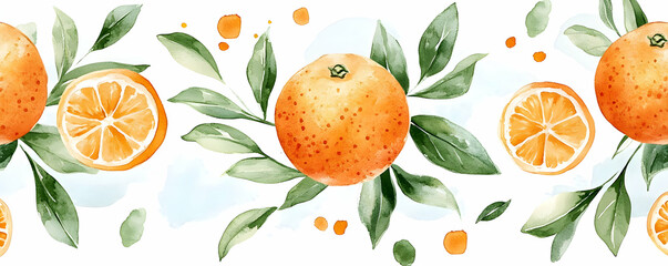 Juicy oranges, leaves, watercolor.  Food blog
