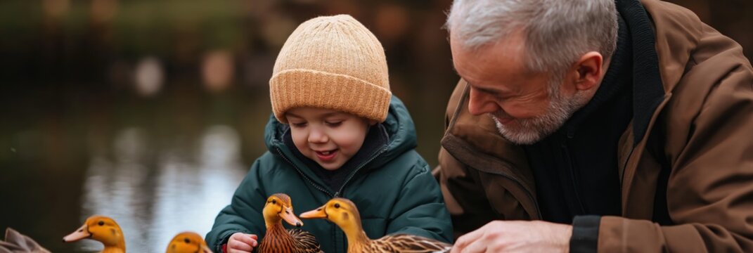A heartwarming moment capturing a grandparent and child joyfully feeding ducks by the water, emphasizing the bond between generations and the beauty of nature.