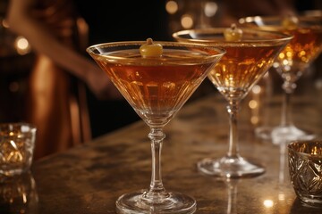 1970s cocktail party with gold-rimmed martinis, vintage attire, and chic atmosphere