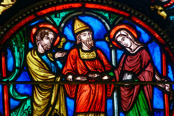 Stained glass (19th century) of Holy family: The wedding of Mary and Joseph.