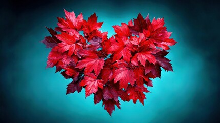   Heart-shaped pile of red leaves on green blue background with black frame