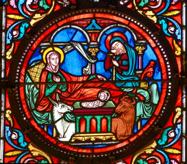 Stained glass (19th century) of Christmas Nativity Scene with Virgin Mary, Saint Joseph, and Jesus...
