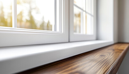 Obraz premium Sunlight pours through a white window, illuminating the dark wooden sill. The setting offers a warm, inviting atmosphere, perfect for relaxation and contemplation