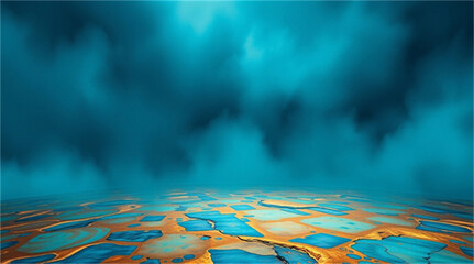 Surreal golden and teal puddle landscape under dramatic turquoise sky