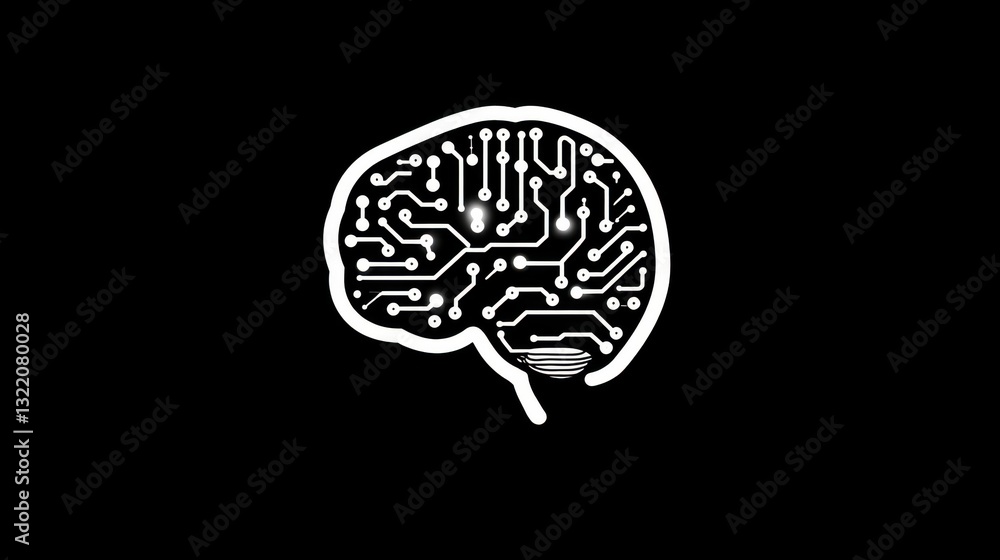 Poster a stylized white line drawing of a human brain with circuit board patterns inside, centered against 