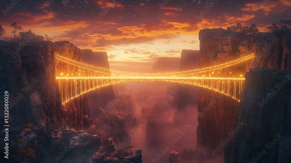 Poster a glowing bridge made of light connecting two distant cliffs over a serene canyon