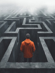 Exploring a complex maze with a figure in an orange coat