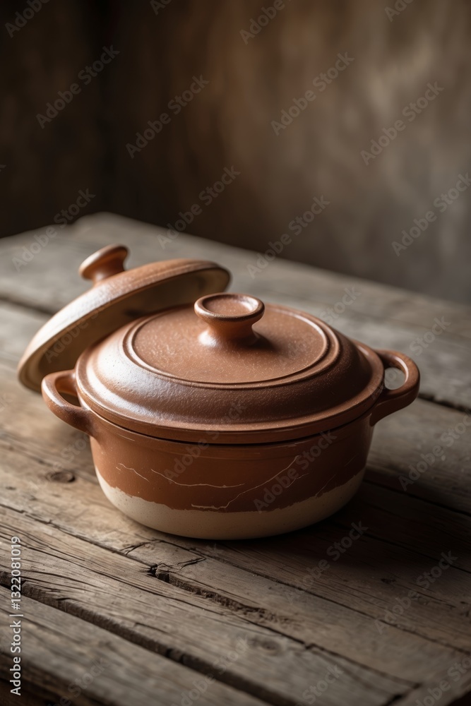 Poster rustic clay pot resting on an aged wooden table with natural lighting highlighting its texture and c
