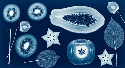 Artistic cyanotype of assorted fruits and leaves featuring kiwi, papaya, and tomato on a dark background