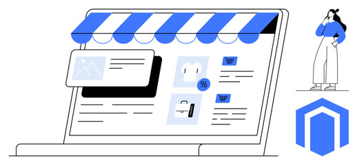 Digital storefront on a laptop screen, a pondering user, and a related logo to indicate online shopping. Ideal for e-commerce, retail, digital marketing, online sales, web design, shopping