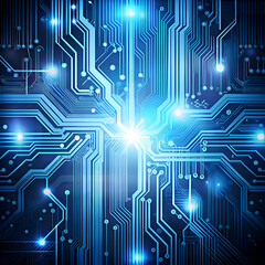 Abstract blue glowing circuit board background.