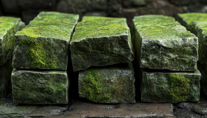 Moss-covered stone blocks line a damp surface, showcasing their weathered texture and rich green hues that highlight the passage of time in a serene setting