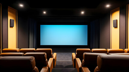 Luxurious Empty Home Cinema Room With Brown Leather Recliner Seats And Large Blank Screen Lit With Blue Light