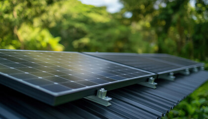 Fototapeta premium Solar panels are efficiently positioned on a roof, gathering sunlight in a vibrant setting surrounded by trees and greenery during a clear sunny day