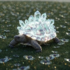 Crystal-shelled tortoise in magical meadow