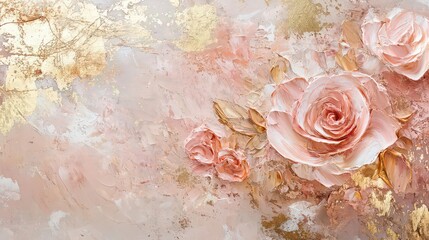 Voluminous acrylic roses, made with large brush strokes. Acrylic Scenic Background in Pink and Gold