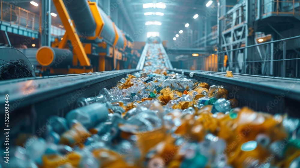 Poster brightly lit sorting facility displays a conveyor belt loaded with various plastic bottles moving fo