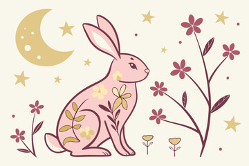 Spring Rabbit Pattern, Star, Moon & Floral Motifs on Rice Paper &ndash; Easter & Lunar Festive Design