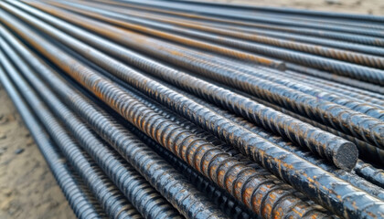 Steel rebar bars are neatly arranged on a construction site, showcasing their sturdy texture and rust details under natural light