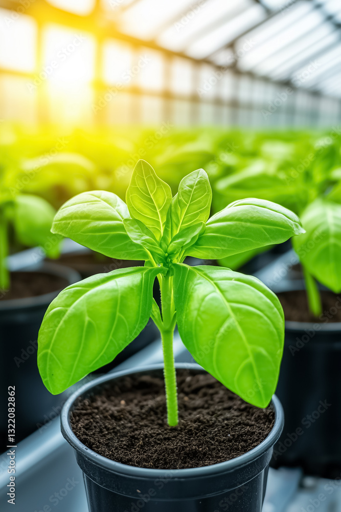 Poster basil plants grow vibrantly in neatly arranged pots, nurtured by precise temperature management and 
