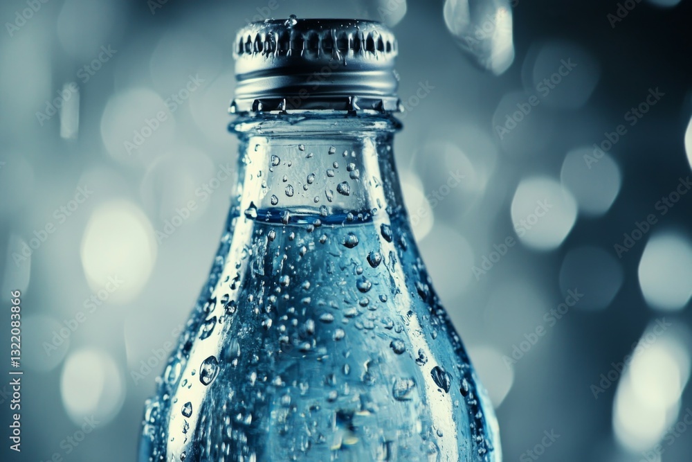 Poster close-up of a water bottle showcasing droplets of water on its surface, with a blurred background em