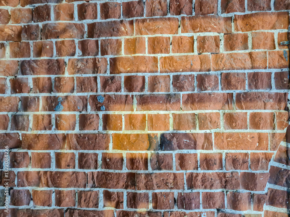 Poster textured brick wall with various shades of brown and orange, creating a rustic backdrop for design o