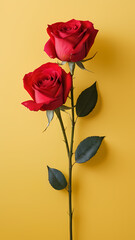 Obraz premium Vibrant red roses stand tall against a bright yellow backdrop, highlighting natural beauty and elegance in floral art Generative AI