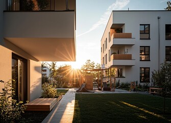 The city's residential area features modern apartment buildings surrounded by a newly developed green and sustainable urban landscape