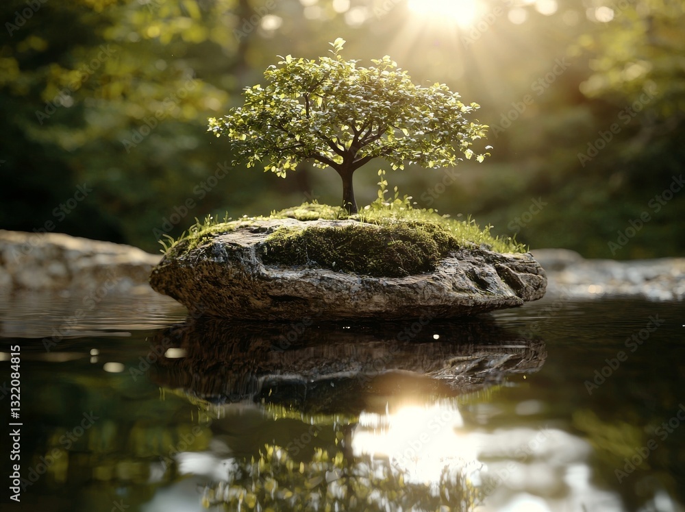 Poster islands that float in the air with trees and a lake and river in the sky on world environment day an
