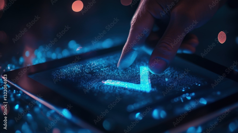 Poster businessman using an index finger to touch a check mark icon on a futuristic digital tablet, highlig