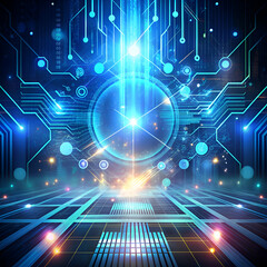 Fototapeta premium Abstract digital technology background with glowing lines and a central circular element.