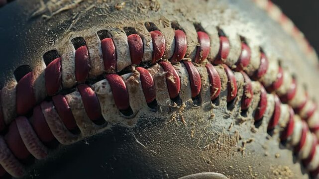 Close-up of a worn baseball showcasing intricate stitching and texture in a sports field setting