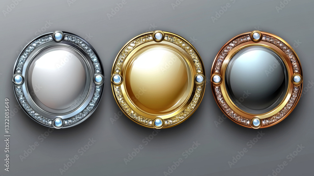 Poster game metal frame. golden silver bronze ui rpg buttons, fancy empty border user interface sprite grap
