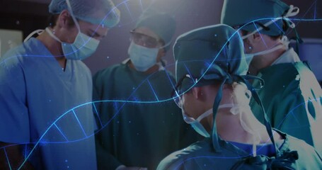 Performing surgery, medical team with DNA strand animation overlay in hospital - Powered by Adobe