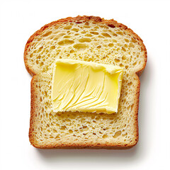 Close-up image of two slices of toasted bread with a pat of butter on a white plate, isolated on a transparent background