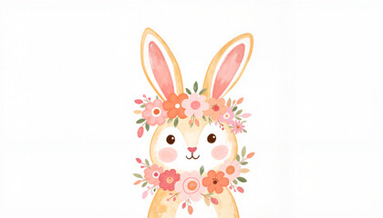 Fototapeta premium Whimsical bunny wearing floral garland, soft watercolor illustration