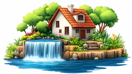 Cottage waterfall landscape, tranquil scene