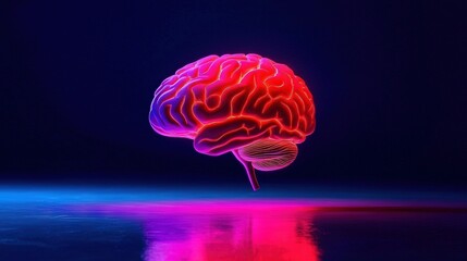    a human brain on blue-pink background with water reflection in foreground