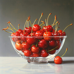 A bowl of cherries with cherries scattered around it on a pastel peach background