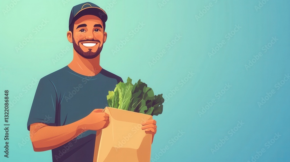 Poster friendly delivery worker smiles while holding a grocery bag filled with fresh produce in a bright an