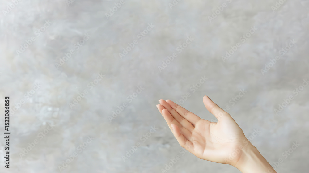 Poster woman displaying an open hand, requesting something or offering support, set against a gray backgrou